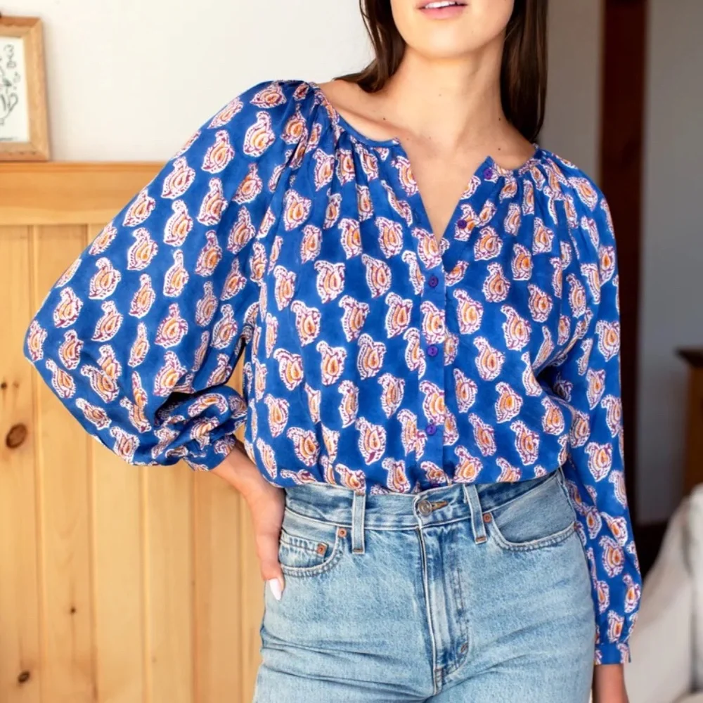 Emerson Fry Frances Blouse in Blue Paisley Flowers | Size Medium - Picture 1 of 13
